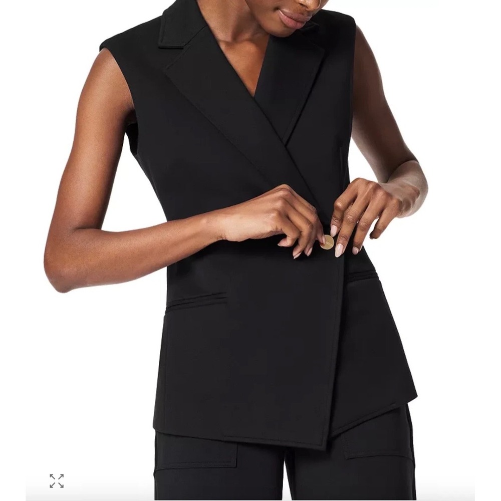 Spanx The Perfect Asymmetrical Vest Top Women Large Black Sleeveless Blazer Gold